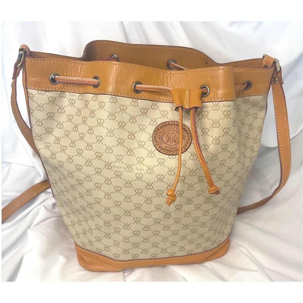 Roberto Roma Vintage‎ Monogram Bucket Bag Tan Leather Trim Drawstring Crossbody